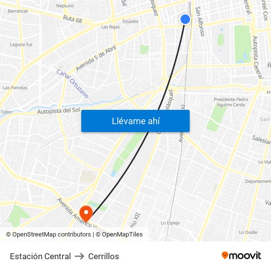 Estación Central to Cerrillos map