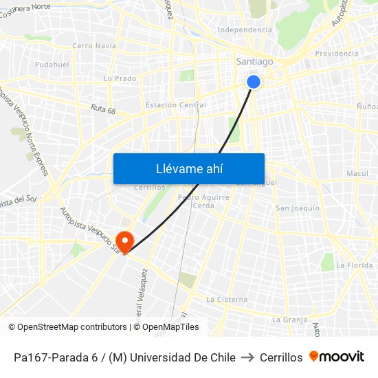 Pa167-Parada 6 / (M) Universidad De Chile to Cerrillos map