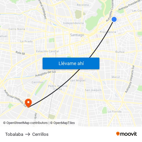 Tobalaba to Cerrillos map