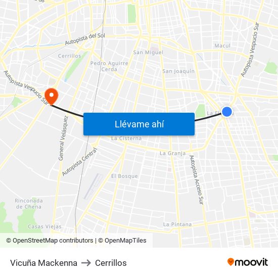 Vicuña Mackenna to Cerrillos map