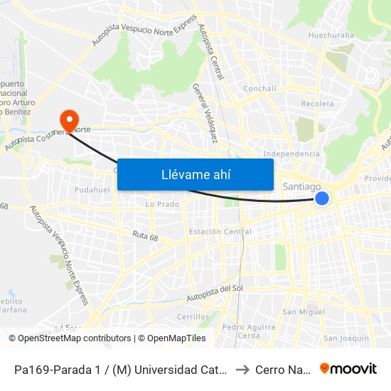 Pa169-Parada 1 / (M) Universidad Católica to Cerro Navia map
