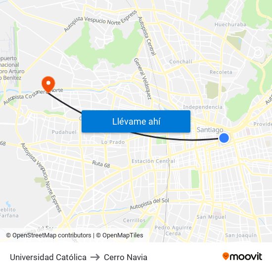 Universidad Católica to Cerro Navia map