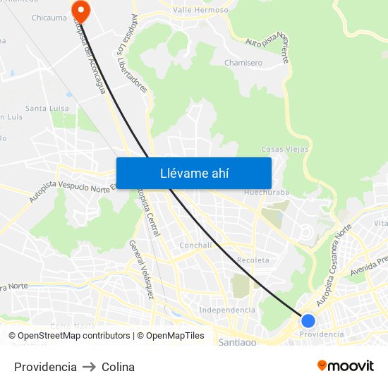Providencia to Colina map