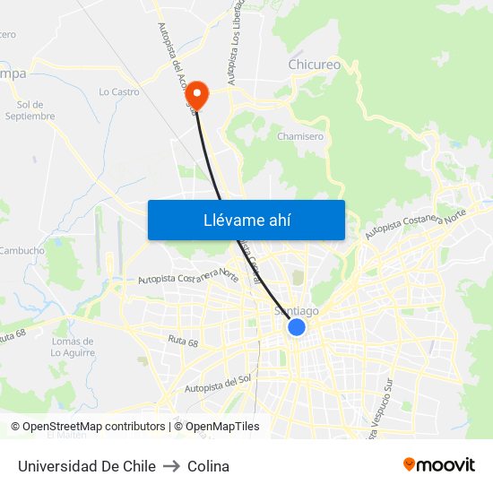 Universidad De Chile to Colina map