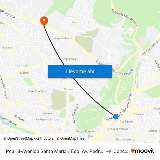 Pc318-Avenida Santa María / Esq. Av. Pedro De Valdivia to Conchalí map