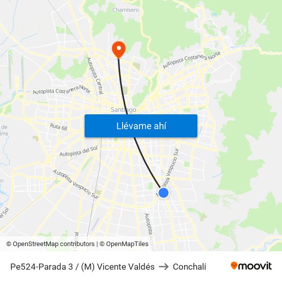 Pe524-Parada 3 / (M) Vicente Valdés to Conchalí map