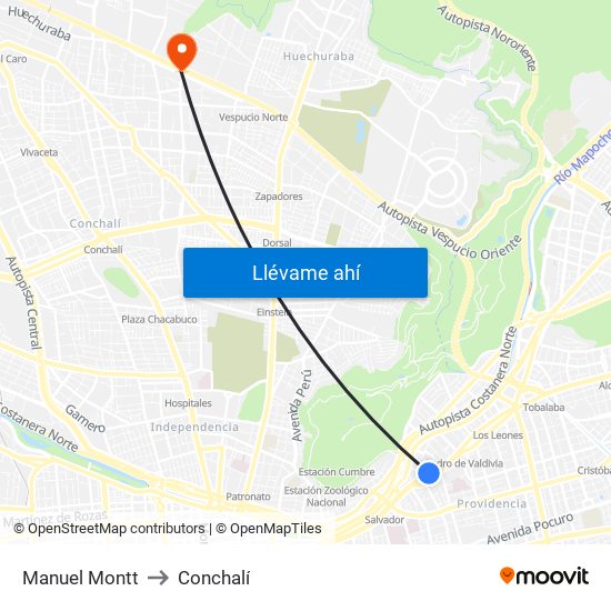 Manuel Montt to Conchalí map