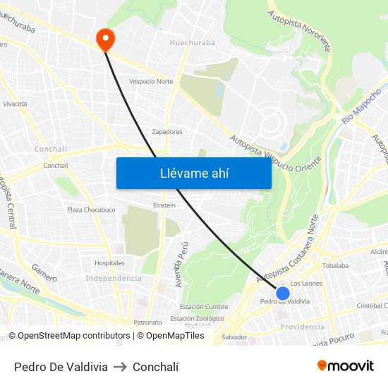 Pedro De Valdivia to Conchalí map