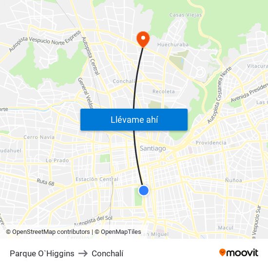 Parque O`Higgins to Conchalí map