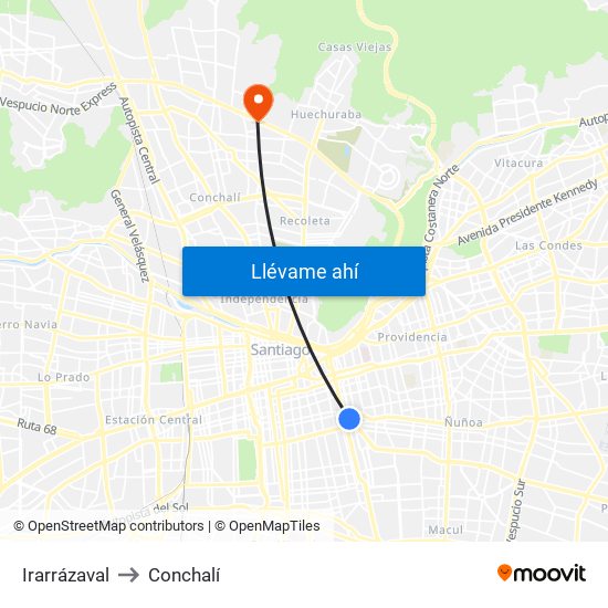 Irarrázaval to Conchalí map