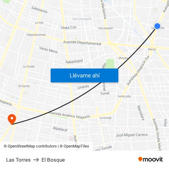 Las Torres to El Bosque map