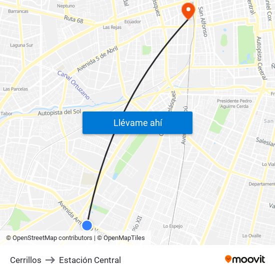 Cerrillos to Estación Central map
