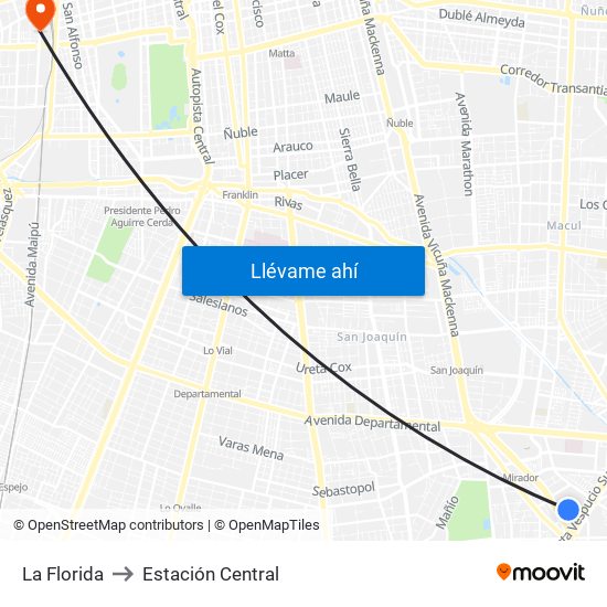 La Florida to Estación Central map