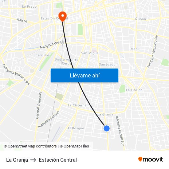 La Granja to Estación Central map