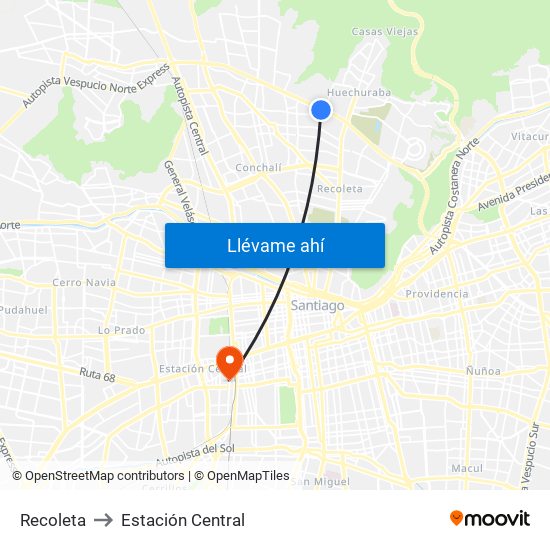 Recoleta to Estación Central map