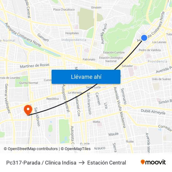Pc317-Parada / Clínica Indisa to Estación Central map