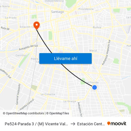 Pe524-Parada 3 / (M) Vicente Valdés to Estación Central map