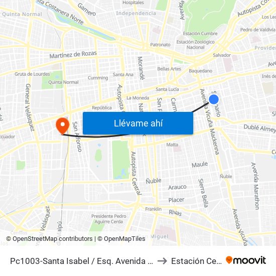 Pc1003-Santa Isabel / Esq. Avenida Seminario to Estación Central map