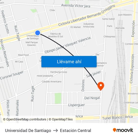 Universidad De Santiago to Estación Central map