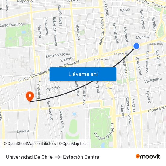 Universidad De Chile to Estación Central map
