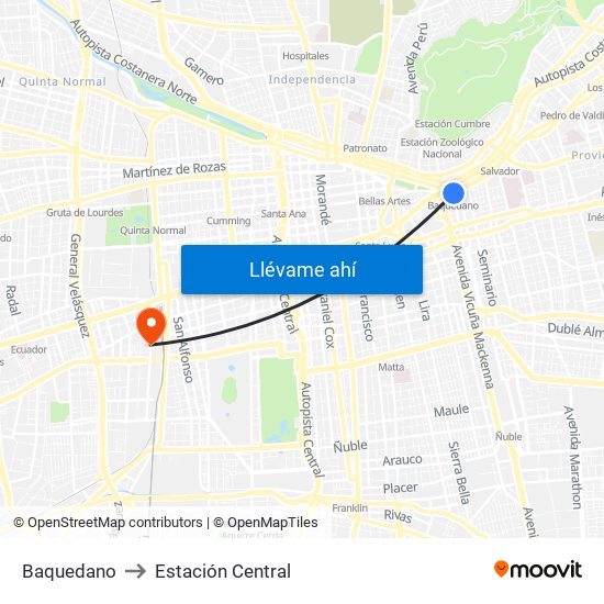 Baquedano to Estación Central map