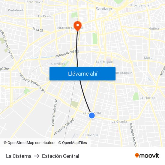 La Cisterna to Estación Central map