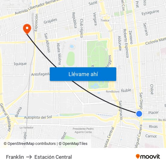 Franklin to Estación Central map