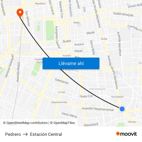 Pedrero to Estación Central map