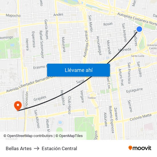 Bellas Artes to Estación Central map