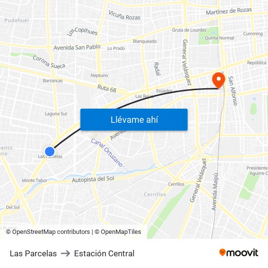 Las Parcelas to Estación Central map