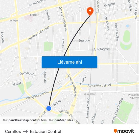 Cerrillos to Estación Central map