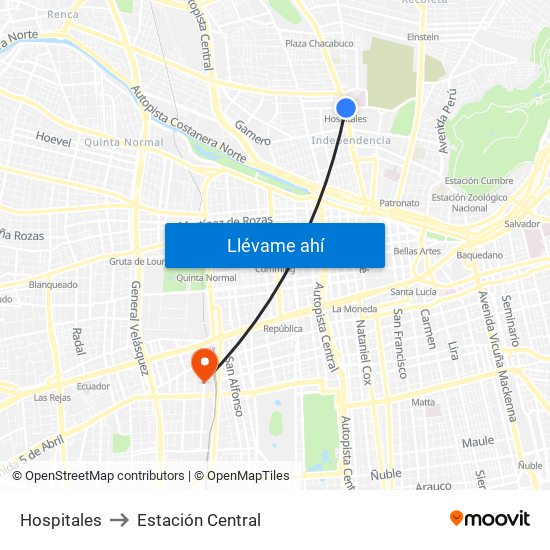 Hospitales to Estación Central map