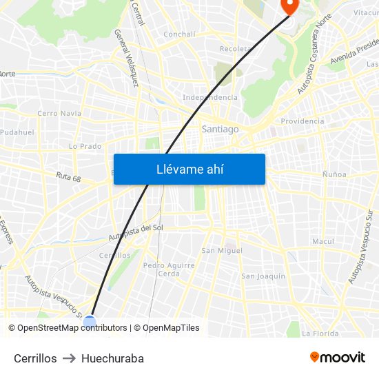 Cerrillos to Huechuraba map