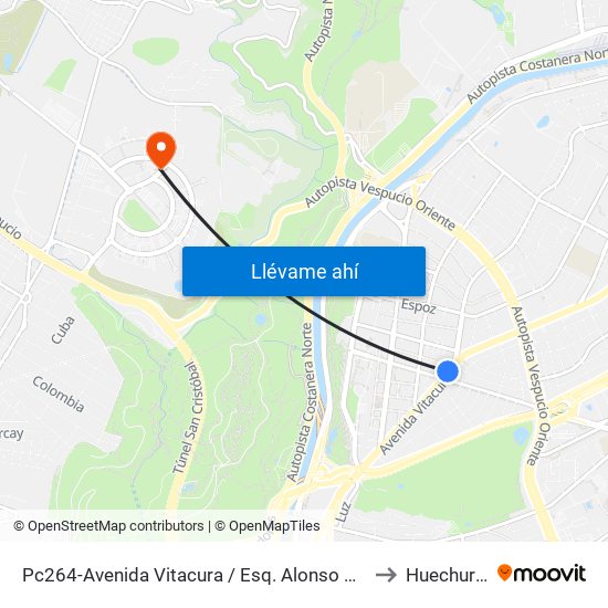Pc264-Avenida Vitacura / Esq. Alonso De Córdova to Huechuraba map