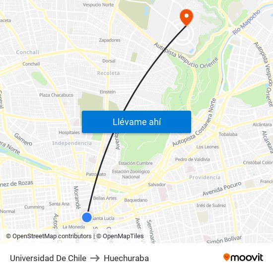 Universidad De Chile to Huechuraba map