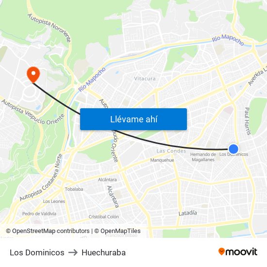 Los Dominicos to Huechuraba map