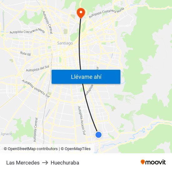 Las Mercedes to Huechuraba map
