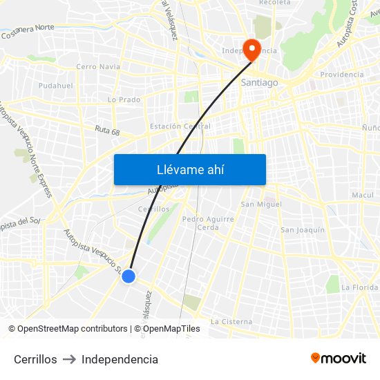Cerrillos to Independencia map