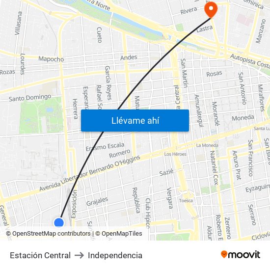 Estación Central to Independencia map