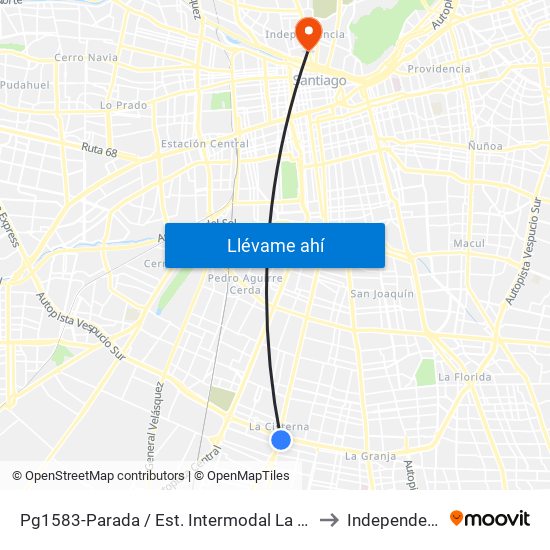 Pg1583-Parada / Est. Intermodal La Cisterna to Independencia map