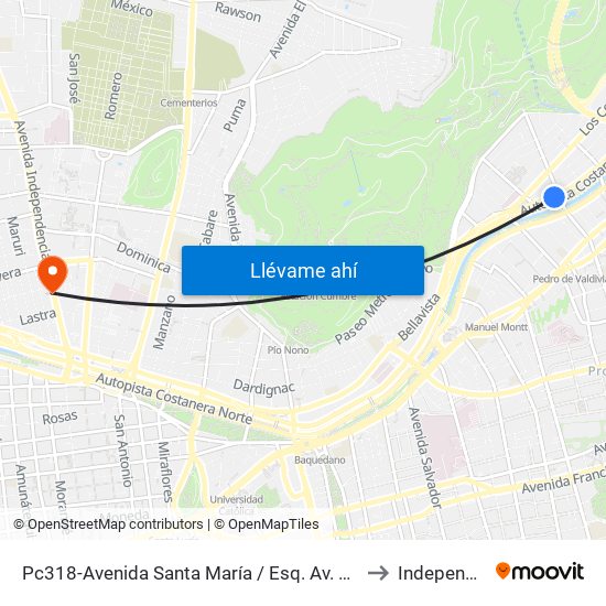 Pc318-Avenida Santa María / Esq. Av. Pedro De Valdivia to Independencia map