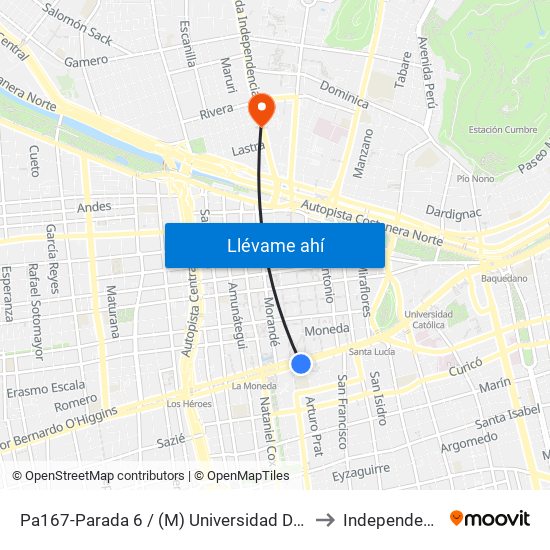Pa167-Parada 6 / (M) Universidad De Chile to Independencia map