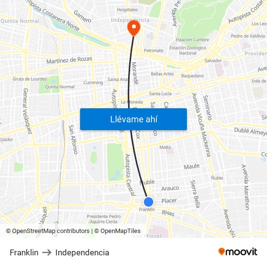 Franklin to Independencia map