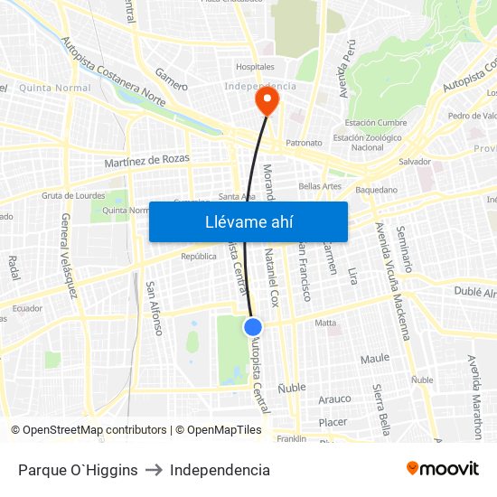 Parque O`Higgins to Independencia map