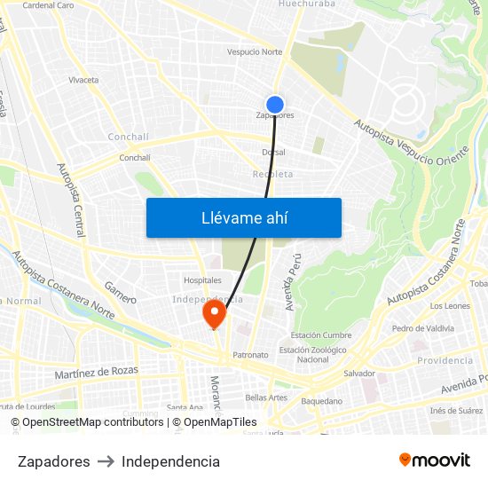 Zapadores to Independencia map