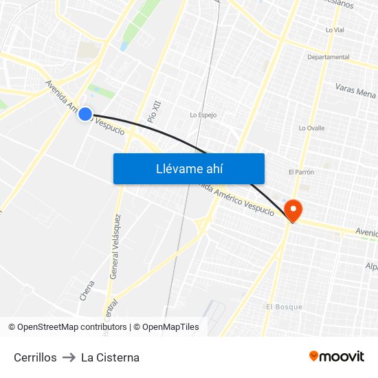 Cerrillos to La Cisterna map