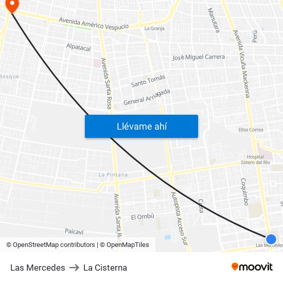 Las Mercedes to La Cisterna map