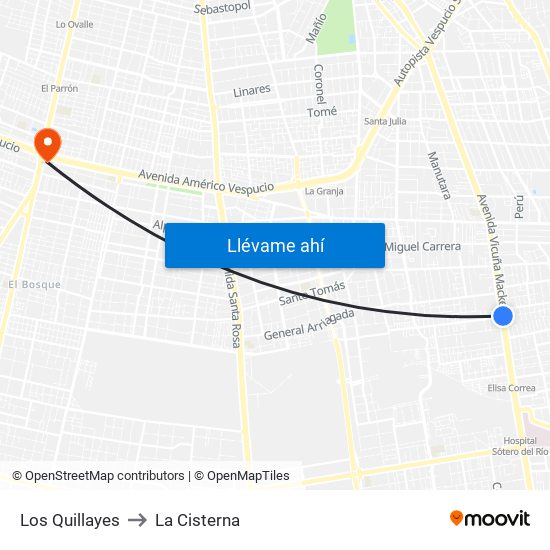 Los Quillayes to La Cisterna map