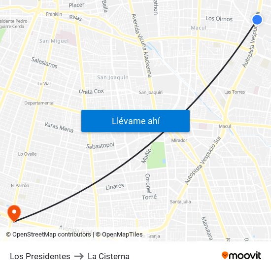 Los Presidentes to La Cisterna map