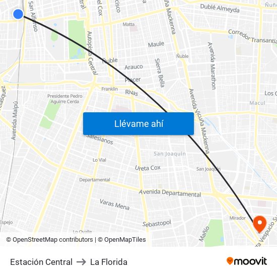 Estación Central to La Florida map